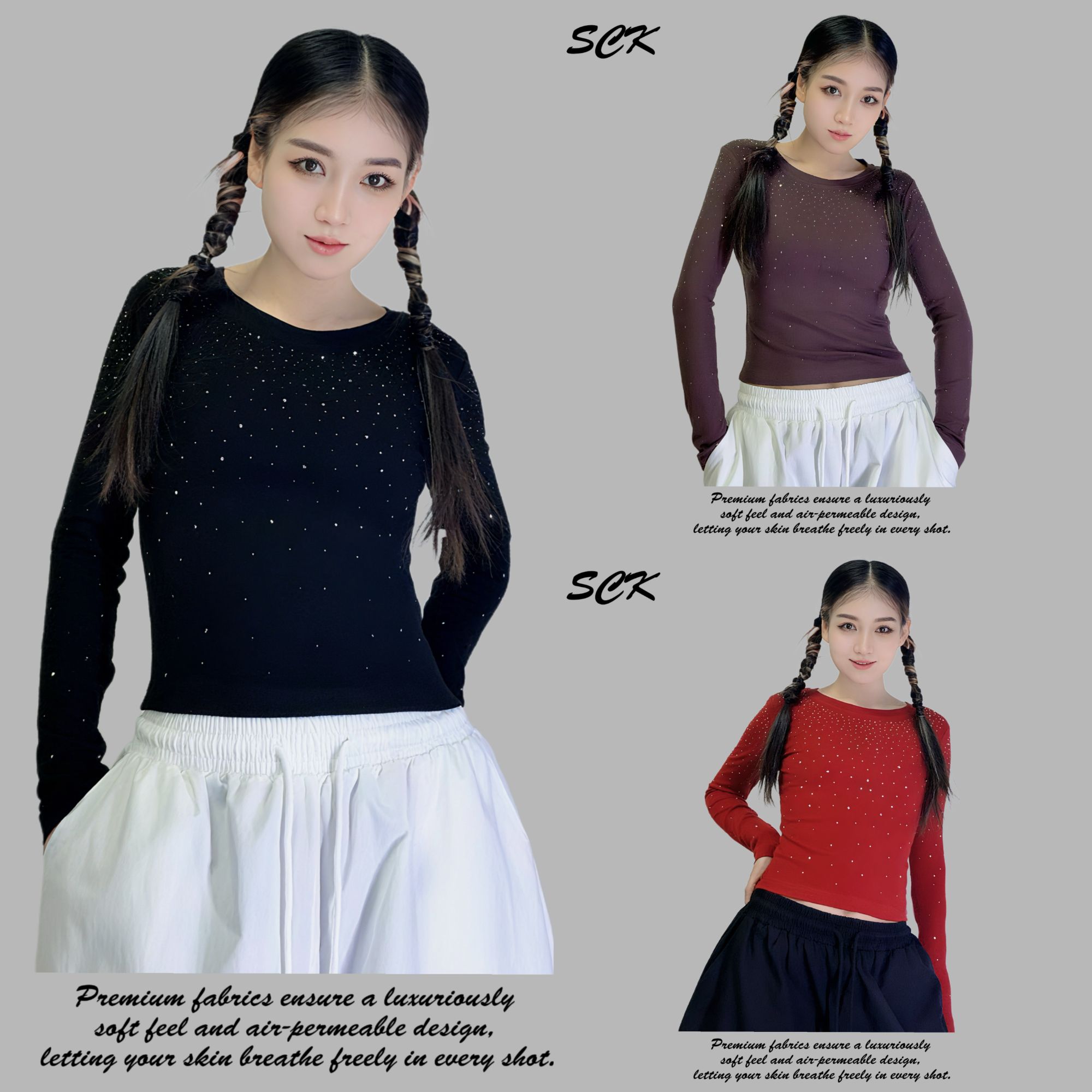 时超康BANMICHUN曳舞长袖T恤烫钻百搭时尚辣妹风圆领修身6008款