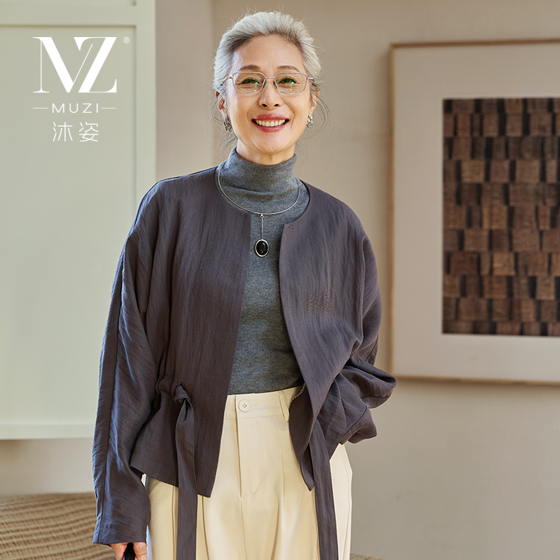 沐姿中年妈妈秋装短款夹克外套中老年女装春秋洋气蝙蝠袖薄款上衣