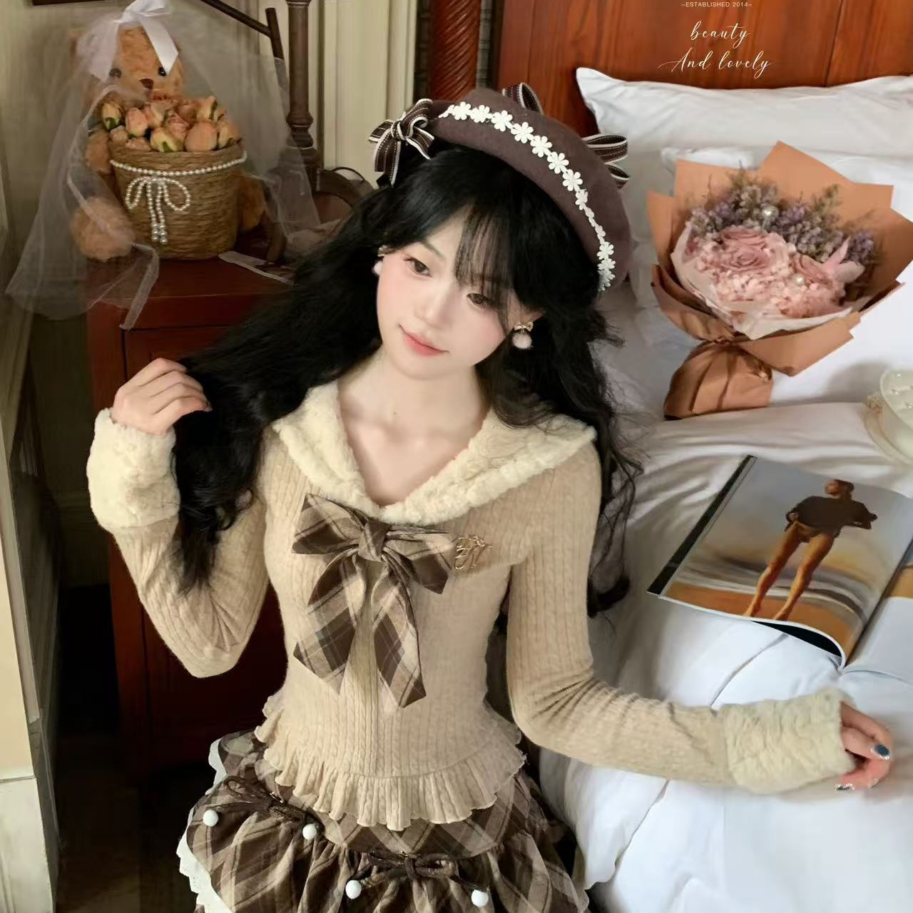 Blovelan摩卡甜心 乖巧甜美海军领蝴蝶结上衣+日系可爱蓬蓬半裙