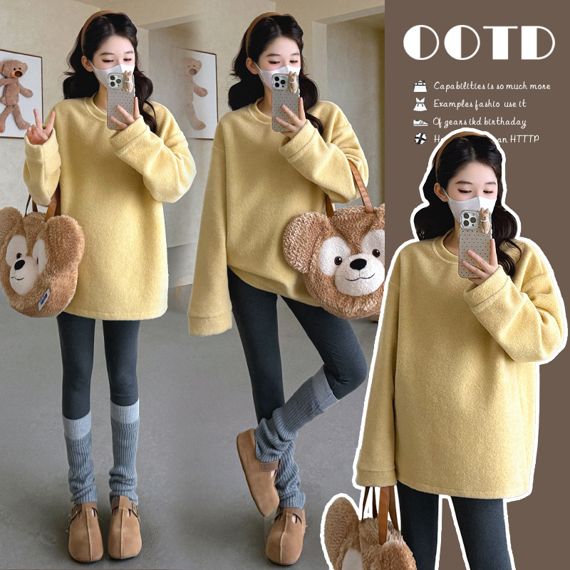 时尚孕妇秋冬新款宽松韩版慵懒风毛毛圆领加绒加厚中长款卫衣裙