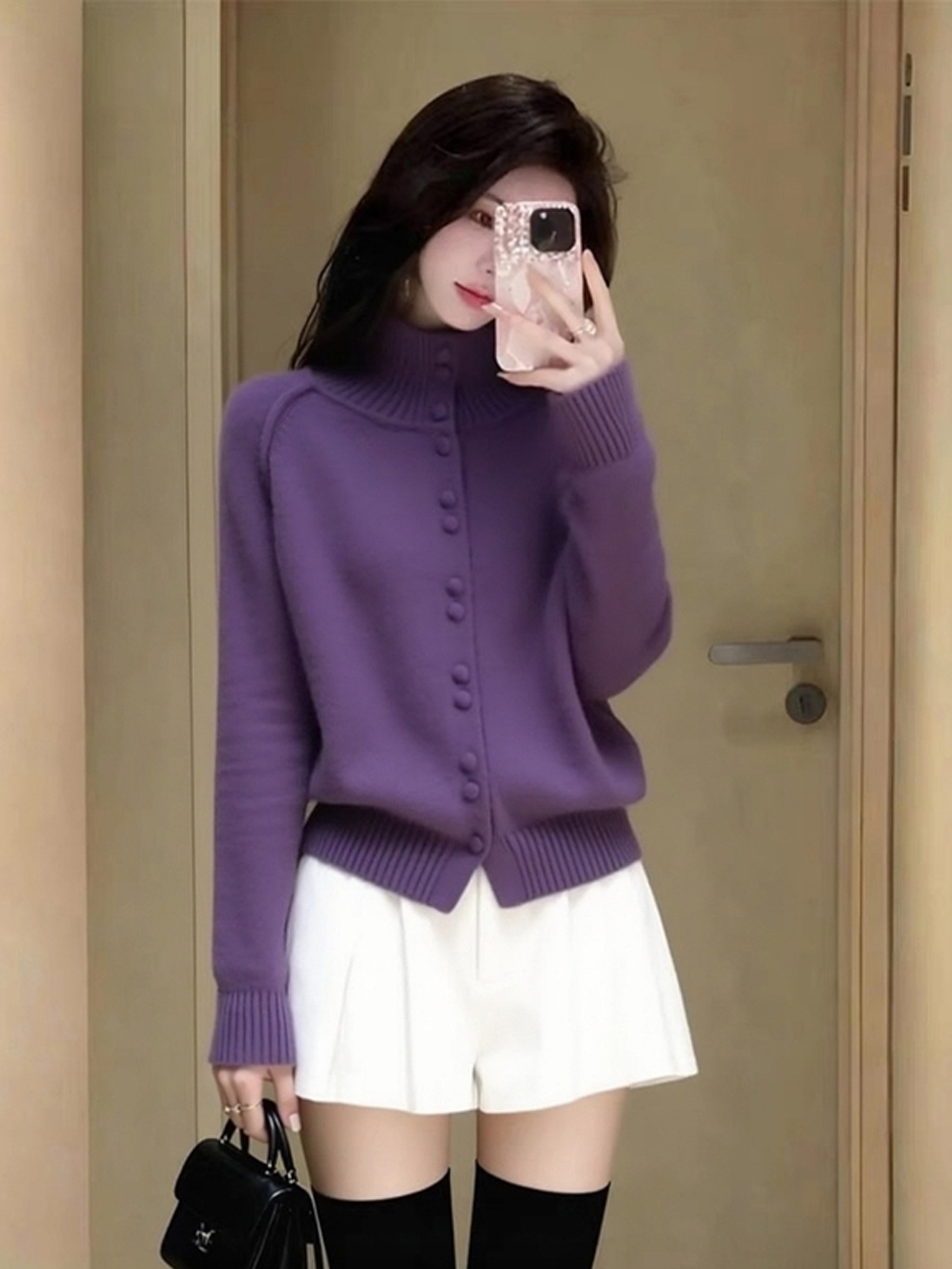 韩系氛围感紫色高领长袖针织毛衣女冬季新款慵懒松弛百搭减龄上衣