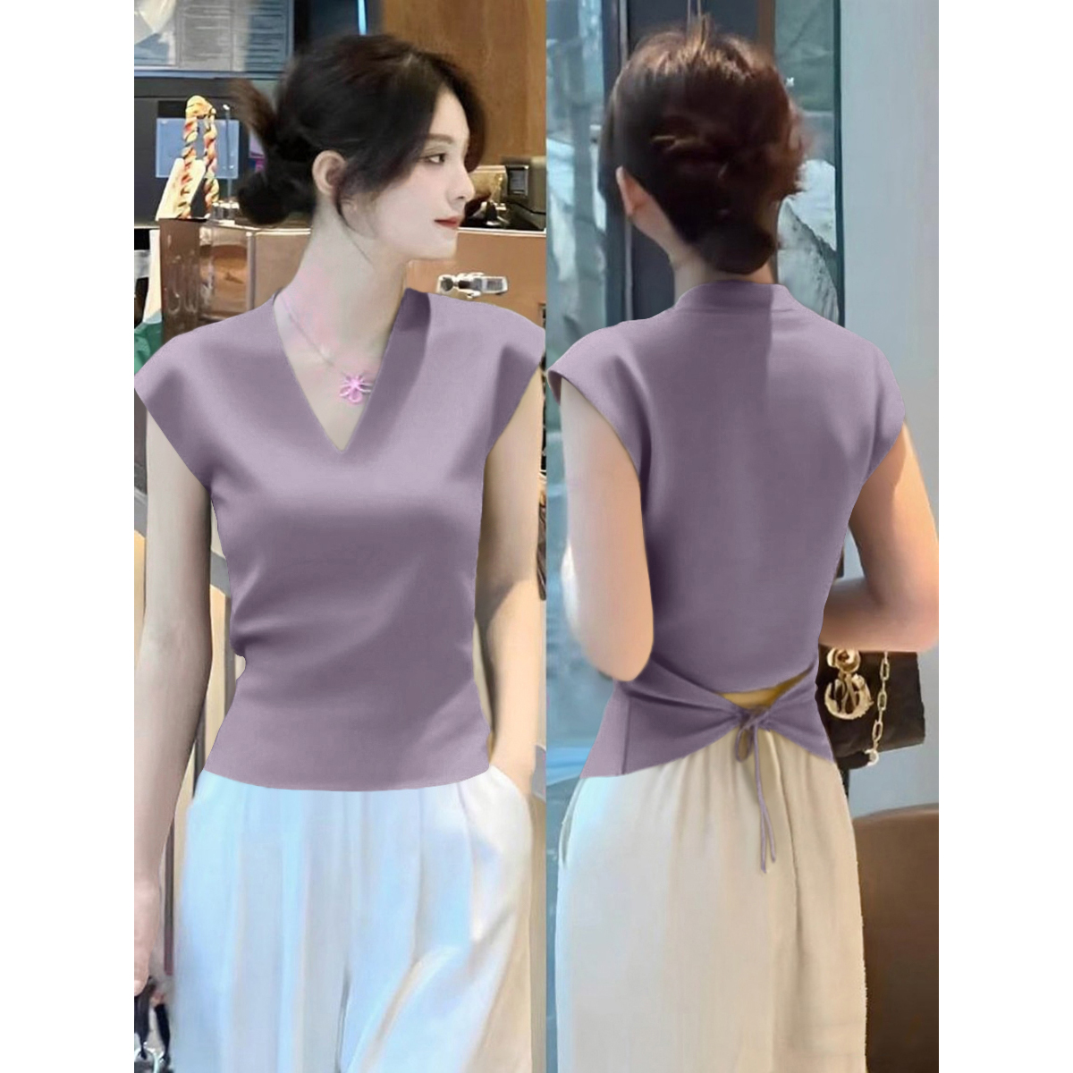 丁香紫修身显瘦小飞袖针织衫夏季新款收腰镂空设计V领T恤上衣女