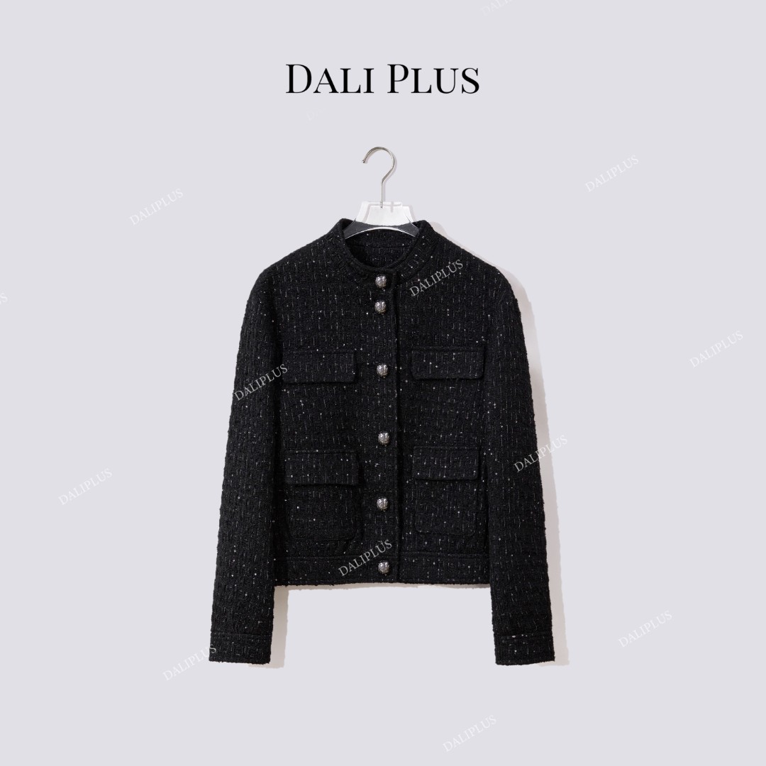 DALI PLUS“星空黑香风外套”法式气质通勤粗花呢亮片外套-D5TY0113