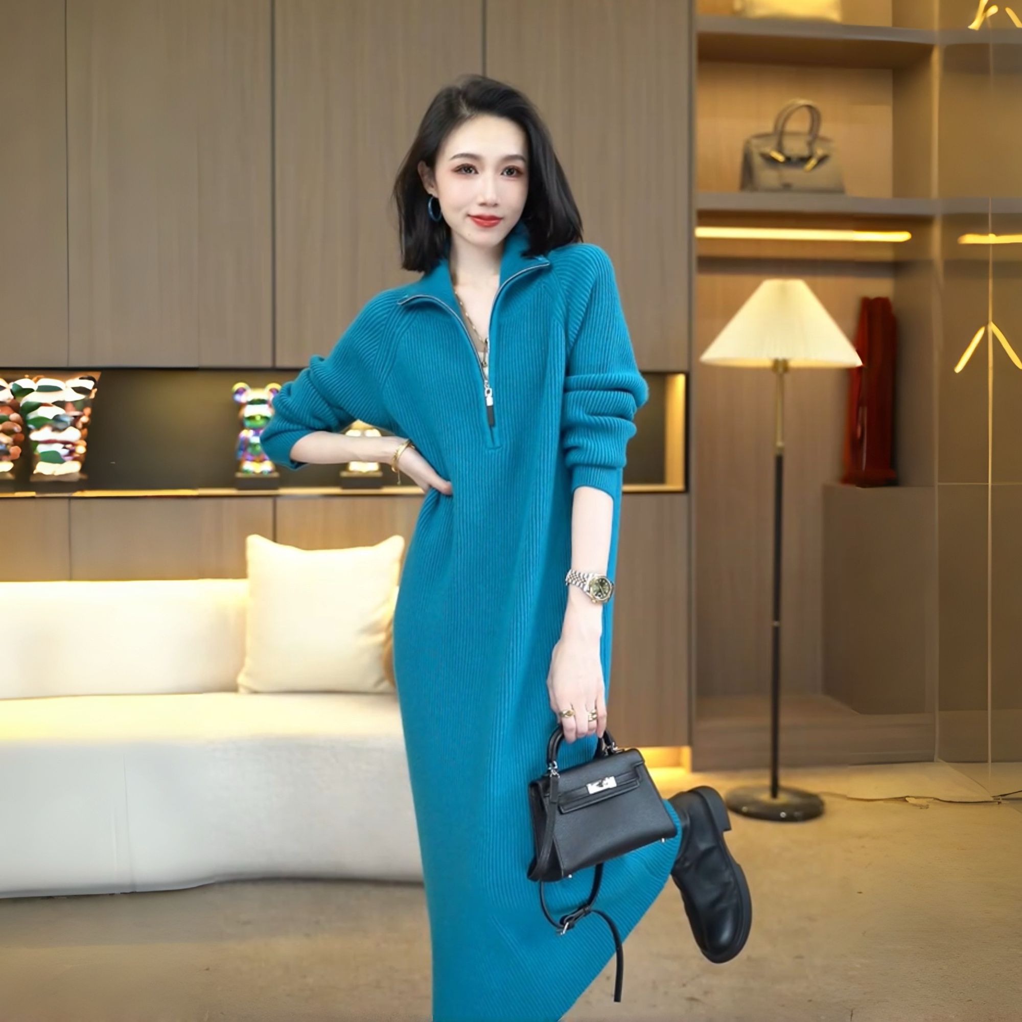 欧颍昇李思桐外穿内搭毛衣裙加厚保暖针织洋气宽松连衣裙子7389