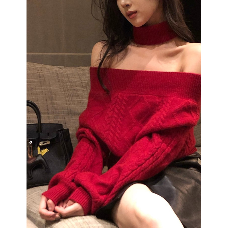 秋冬一字领露肩红色毛衣女圣诞穿搭麻花内搭针织衫洋气女装千金风