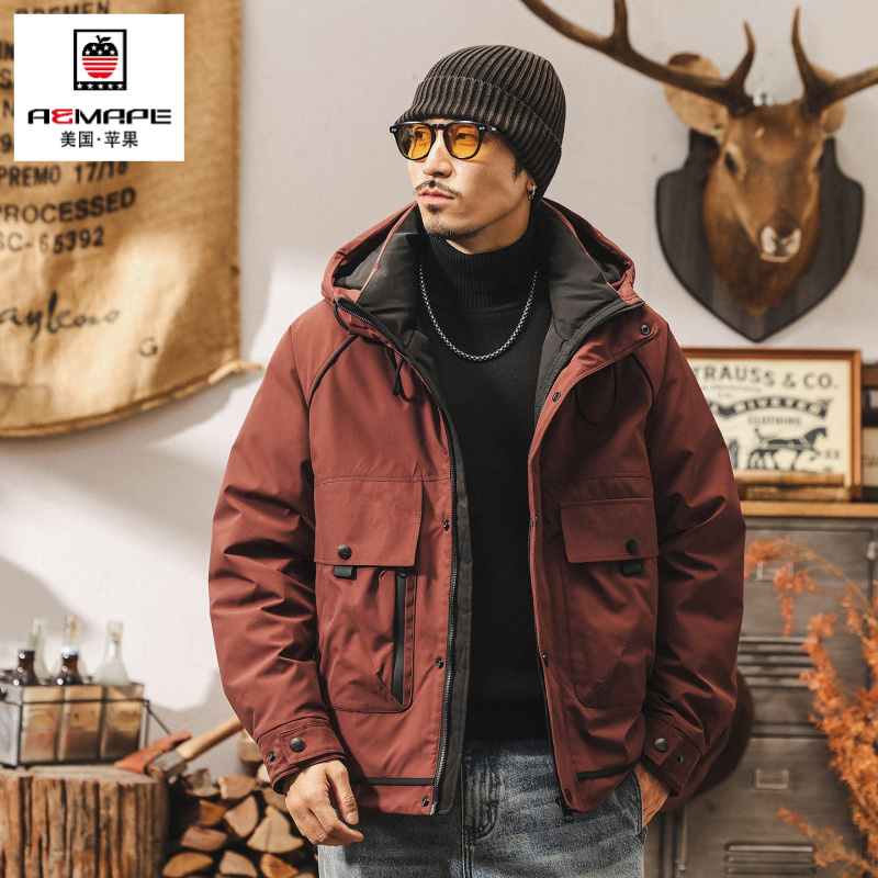 冬季厚款工装连帽男宽松保暖防风户外羽绒服冲锋衣情侣外套白鸭绒