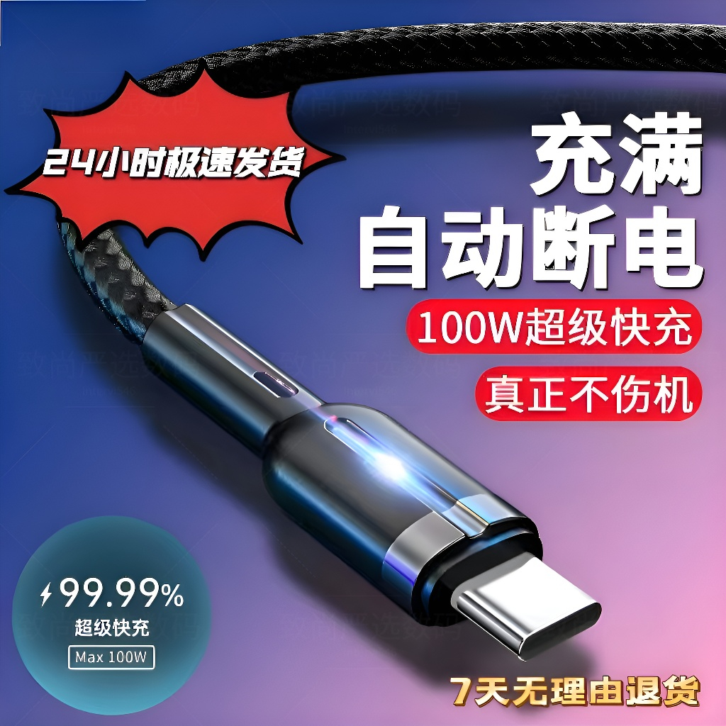 【充满自动断电】100W超级快充电智能断电编织数据线适用华为荣苹果