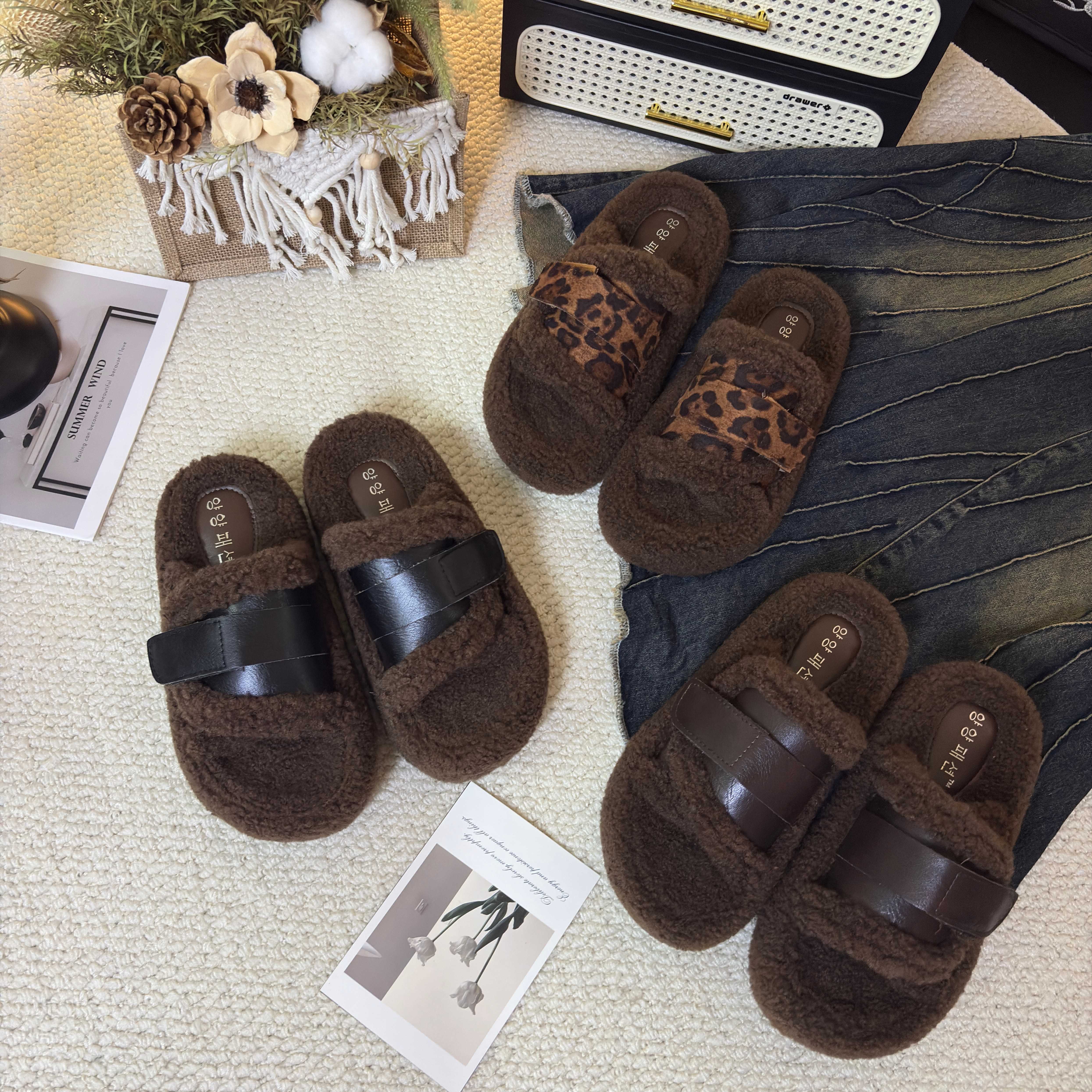 2025秋冬新款魔术贴一字带时尚网红百搭气质舒服爆款厚底毛拖鞋女