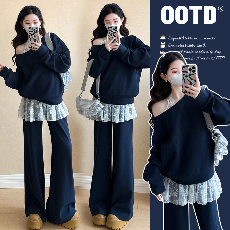 2025秋季新款时尚设计感斜肩卫衣套装猪鼻扣调节蕾丝挂脖内搭