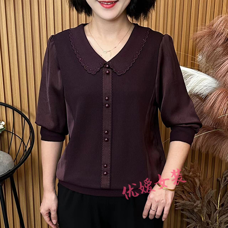 中老年女装秋季花边娃娃领拼接宽松显瘦百搭洋气妈妈装长袖上衣