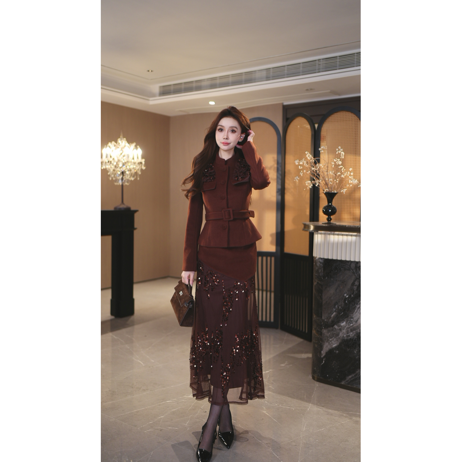 罗曼湾湾 高腰复古气质时尚法式设计师名媛收腰套装