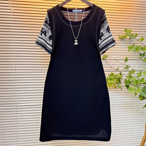 气质夏季圆领显瘦洋气遮肉麋鹿印花袖连衣裙大码宽松假两件休闲