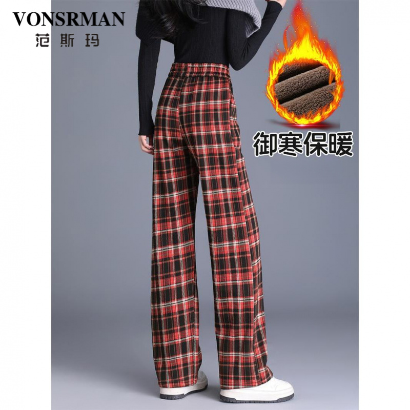 红色格子加绒阔腿裤女2025秋冬新款加厚时尚高腰特厚窄版直筒裤潮
