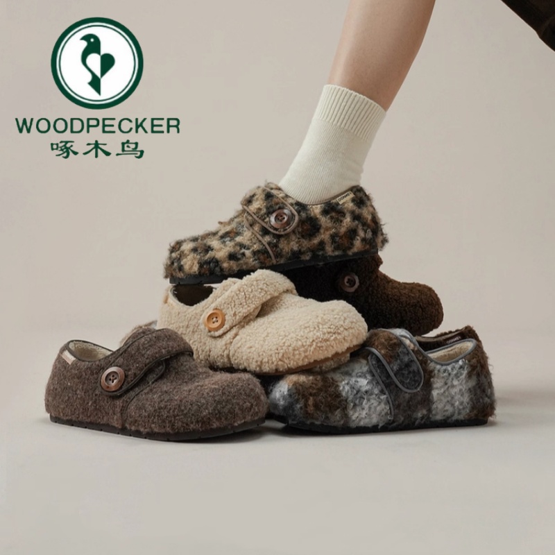 啄木鸟2025冬季爆款毛毛鞋外穿内增高加绒勃肯鞋女保暖魔术贴棉鞋