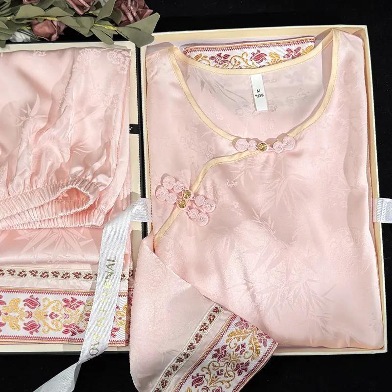 国风睡衣女士编织刺绣新中式长袖春夏薄款冰丝格格清汉古风家居服