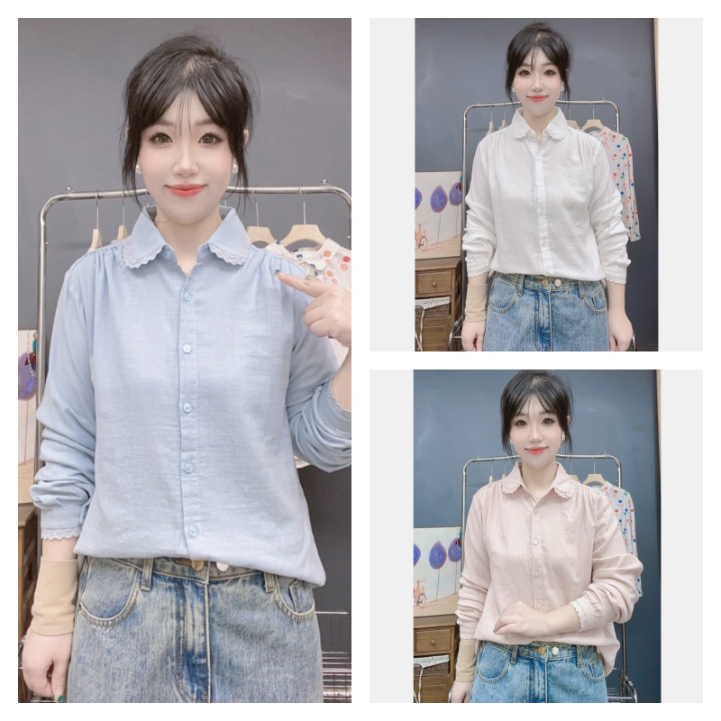 2025秋季新款 纯棉双层纱上衣日系小清新圆领花边衬衫女长袖文艺