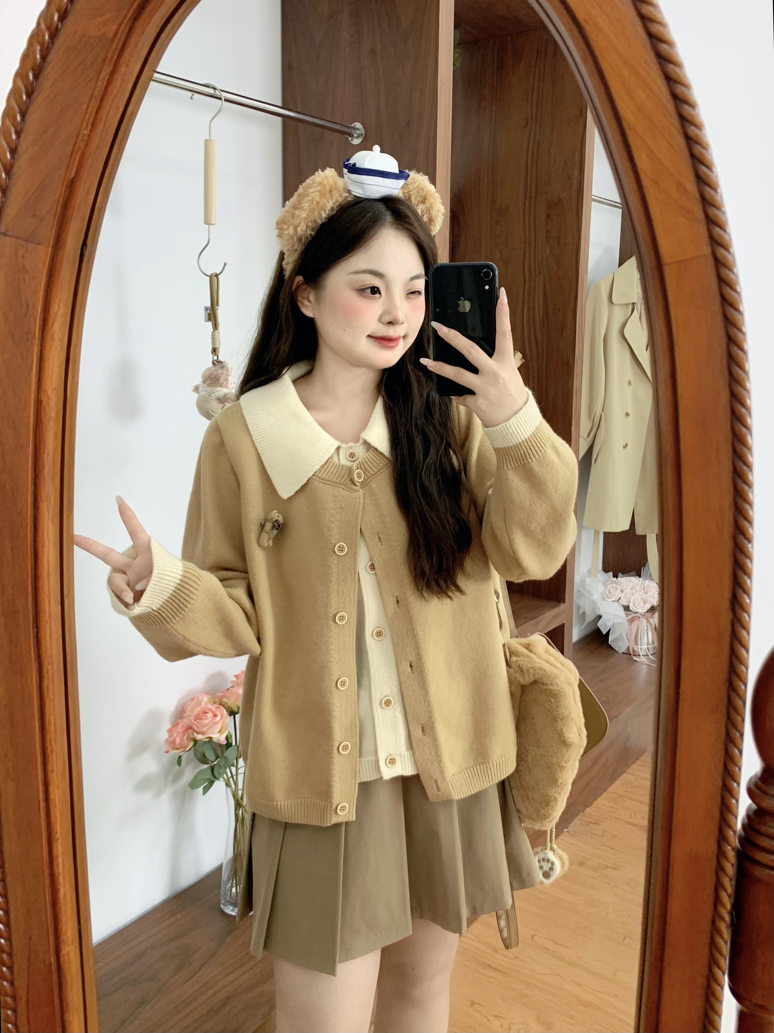 【大码】1440小熊针织假两件韩系氛围感早秋胖mm开衫