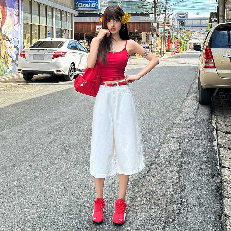 新款高腰宽松阔腿裤白色百搭休闲垂感七分裤直筒牛仔裤女