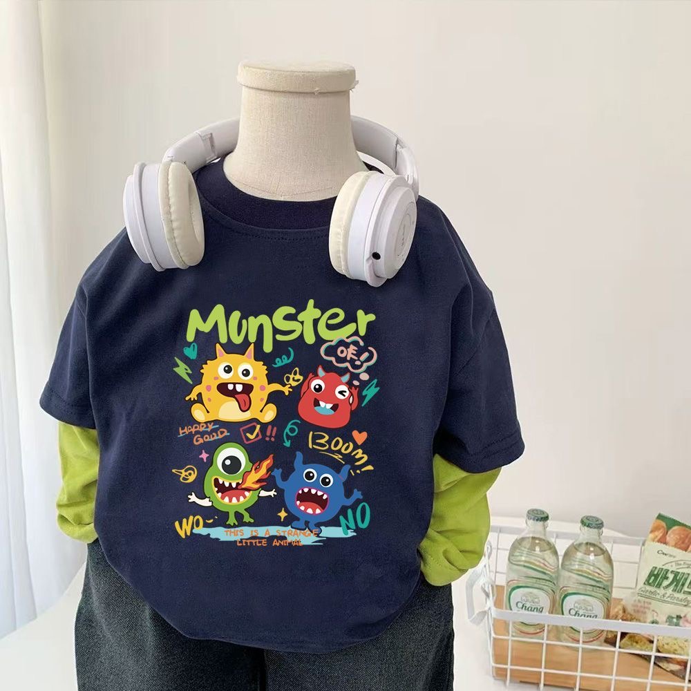 儿童小怪兽可爱长袖T恤2025秋季中小男童多巴胺衣服男童假两件潮t