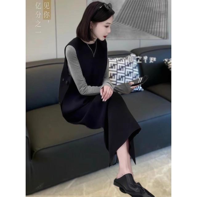 优雅气质穿搭一整套2025秋季新款黑色无袖马甲上衣高腰半身裙套装