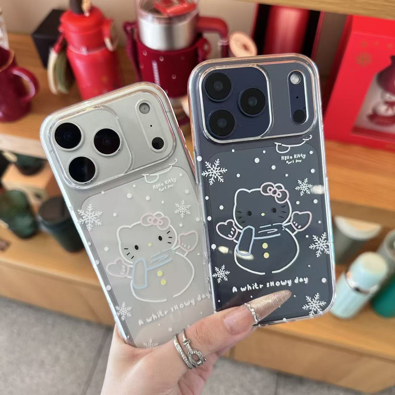 线条雪人kt猫适用于苹果14手机壳iPhone15透明11大孔13