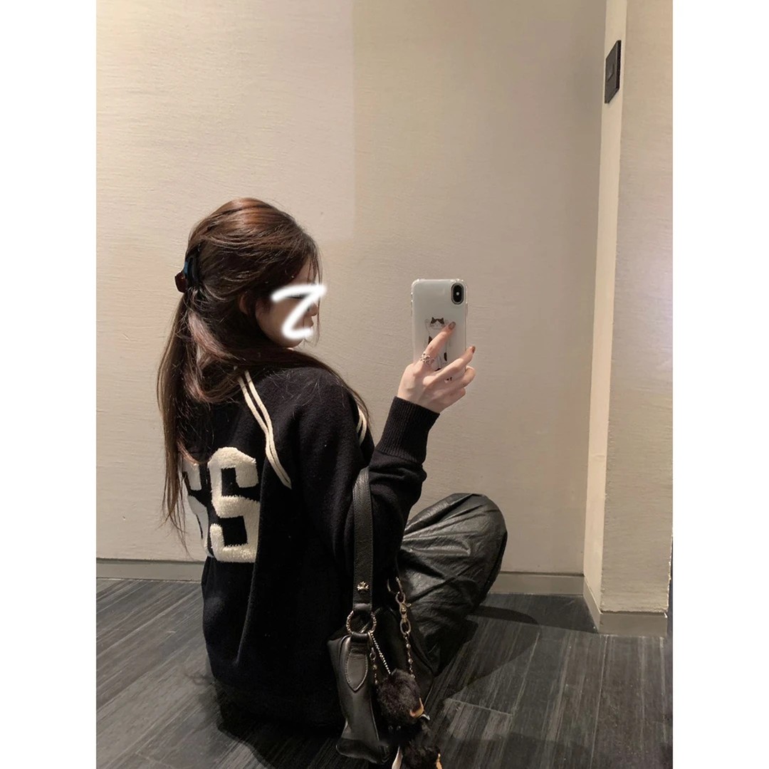 Jennie同款出街 背后数字拉链宽松韩系美式街头风针织毛衣外套