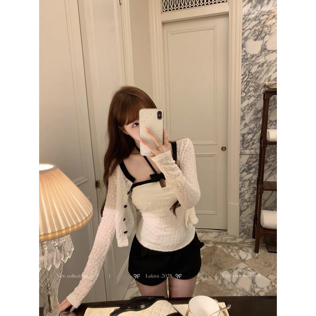 法式蝴蝶结撞色挂脖背心吊带外搭长袖开衫纯欲上衣两件套装女秋季