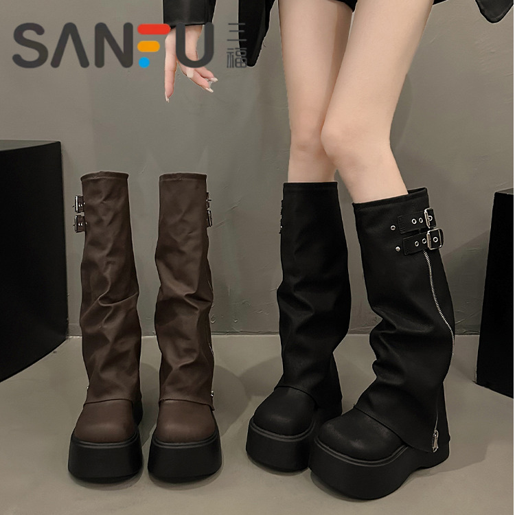 三福长筒靴女厚底增高秋季新款松糕褶皱堆堆裤管靴小个子高筒长靴