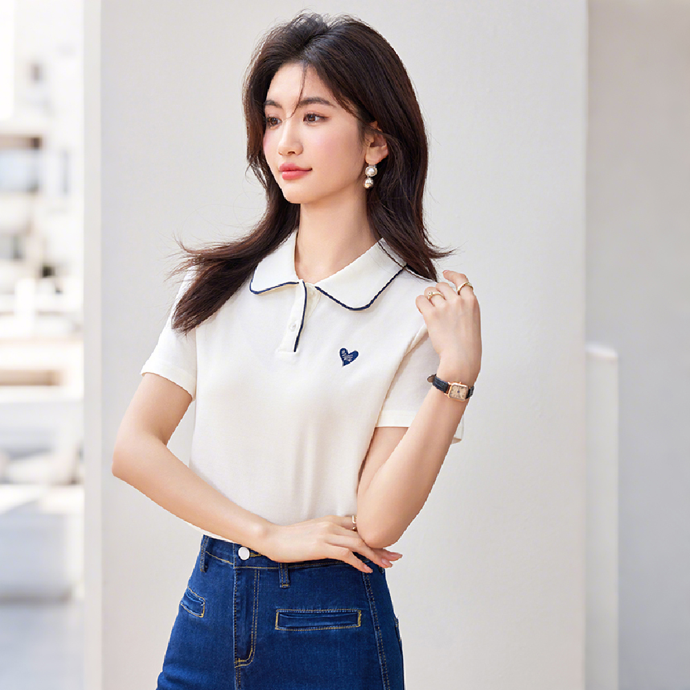 气质Polo领短袖爱心T恤女宽松简约设计感休闲百搭夏季新款上衣潮