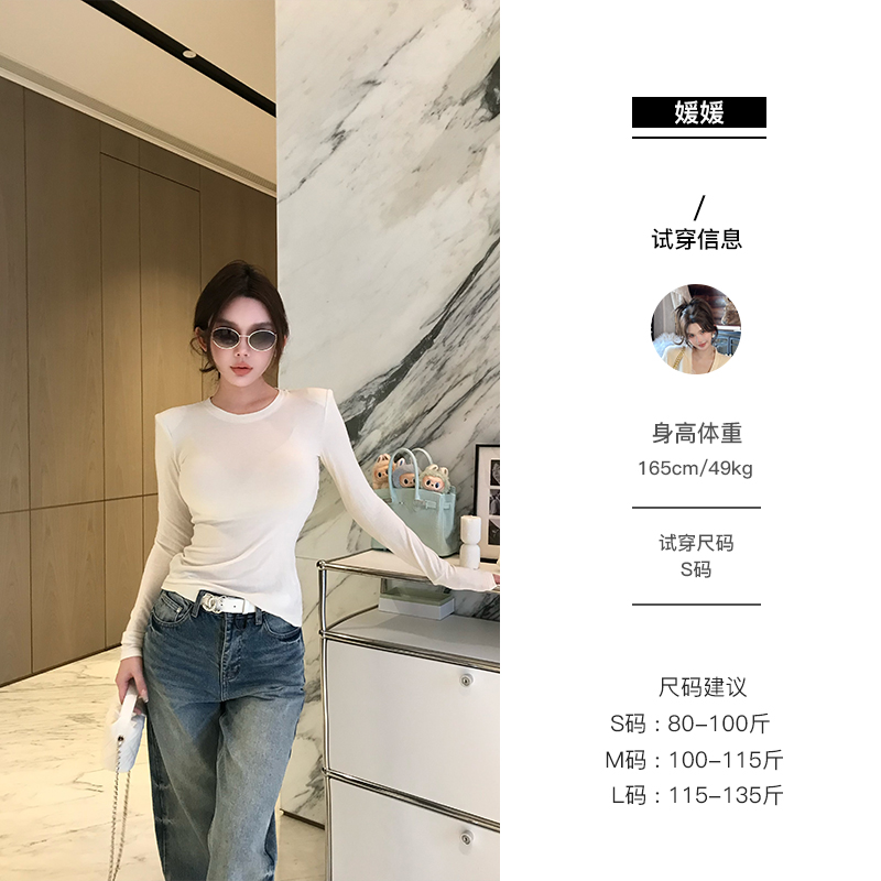 媛媛【舒适零负担】白色内搭打底衫正肩长袖T恤女秋圆领上衣#D1010