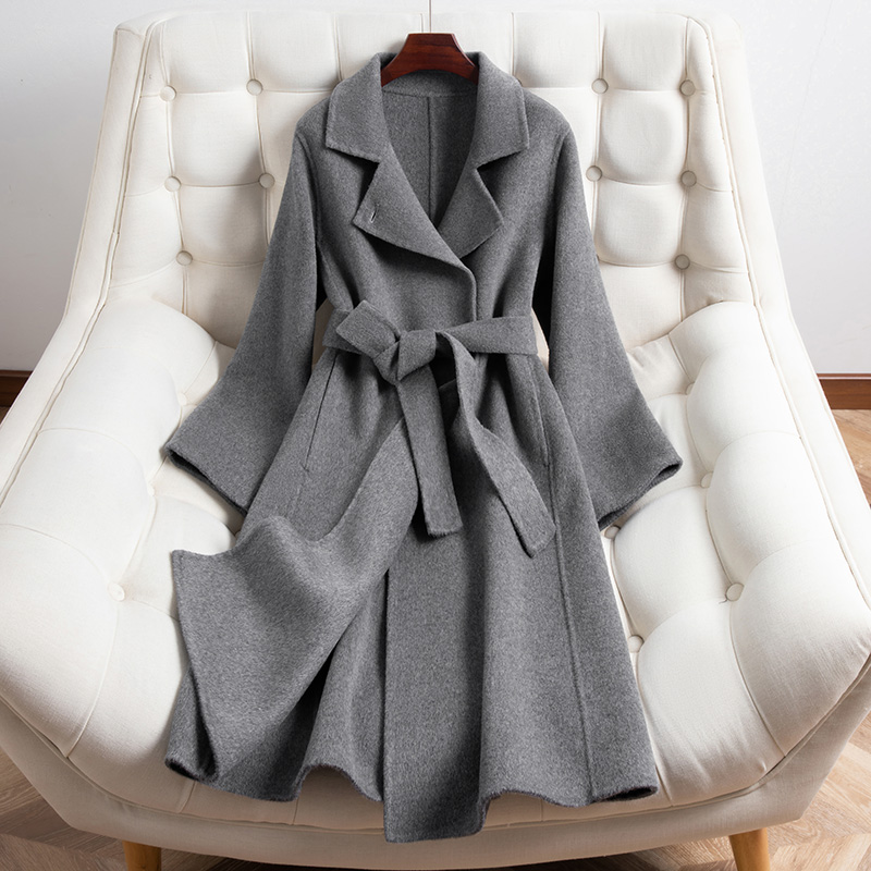 100%绵羊毛长款纯羊毛双面呢腰带款大衣秋冬新款气质毛呢外套