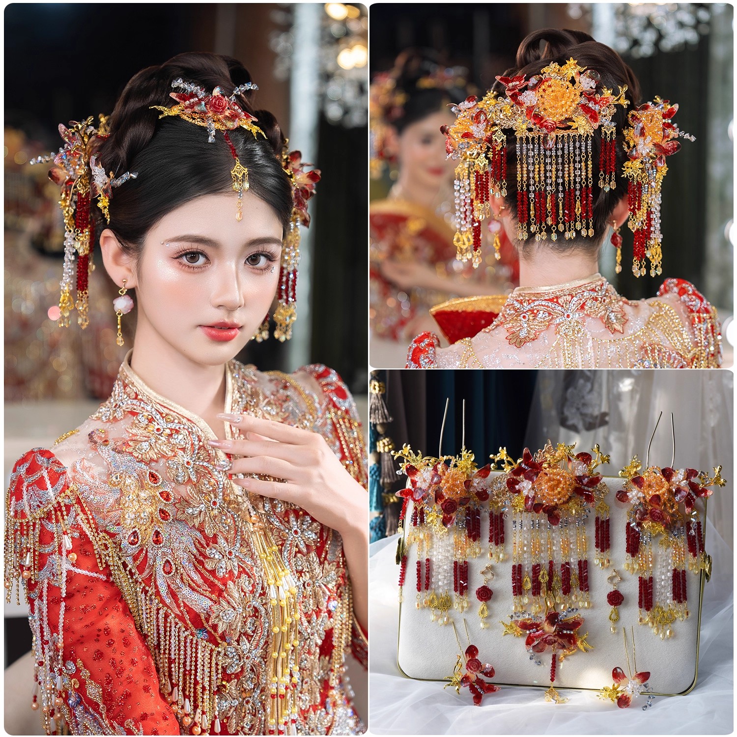 甜美秀禾头饰2025新款高级感减龄红金花朵中式发饰新娘龙凤褂配饰