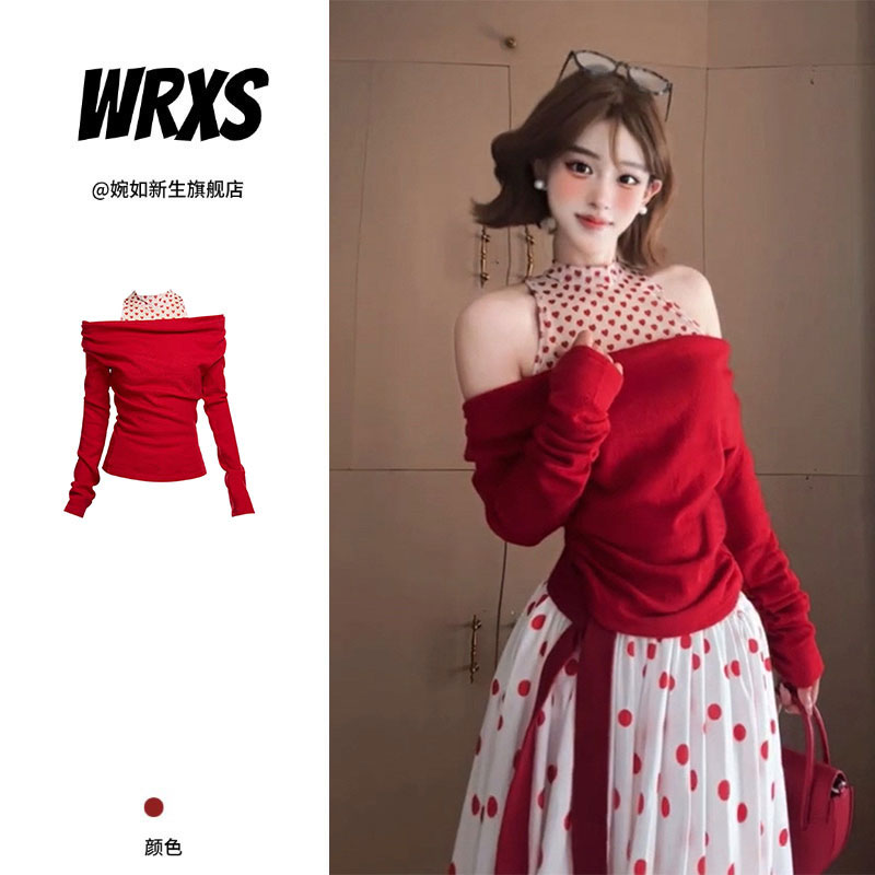 【婉如新生】半高领网纱爱心印花背心两件套女装叠穿T恤两件套上衣