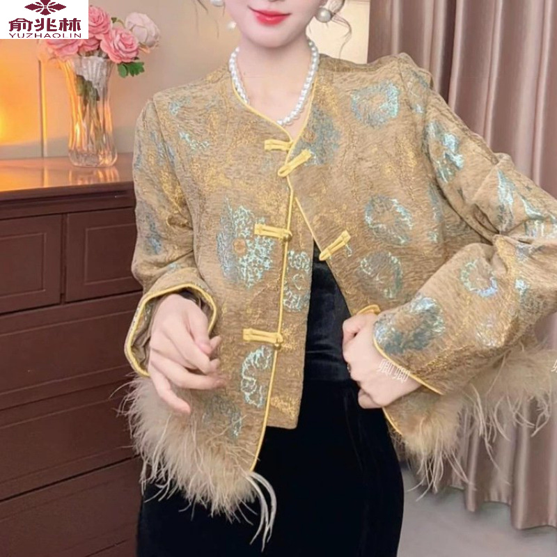 俞兆林爆款新中式国风盘扣植绒短外套女中老年秋新款复古减龄毛毛