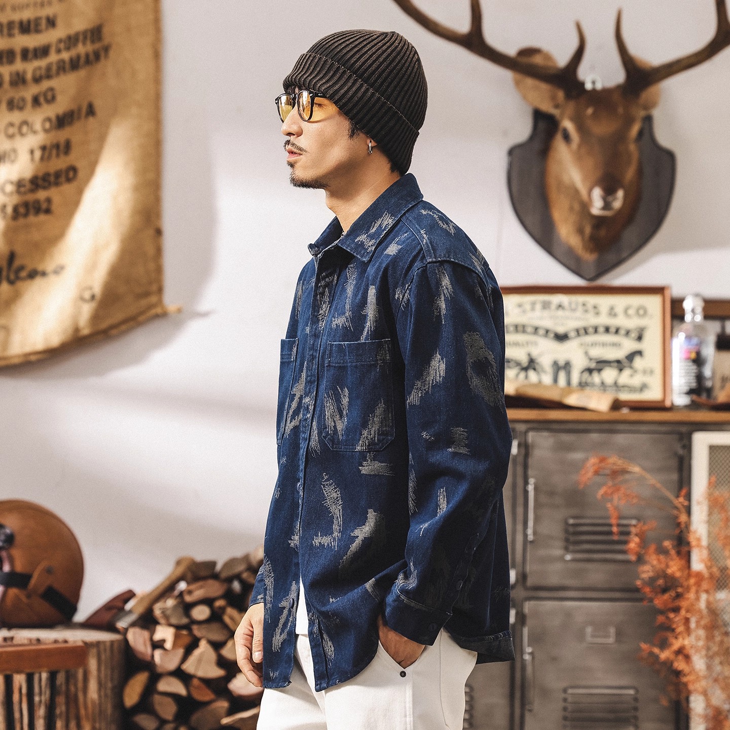 美式复古色织提花牛仔衬衫男秋季长袖2025新款宽松工装衬衣外套男