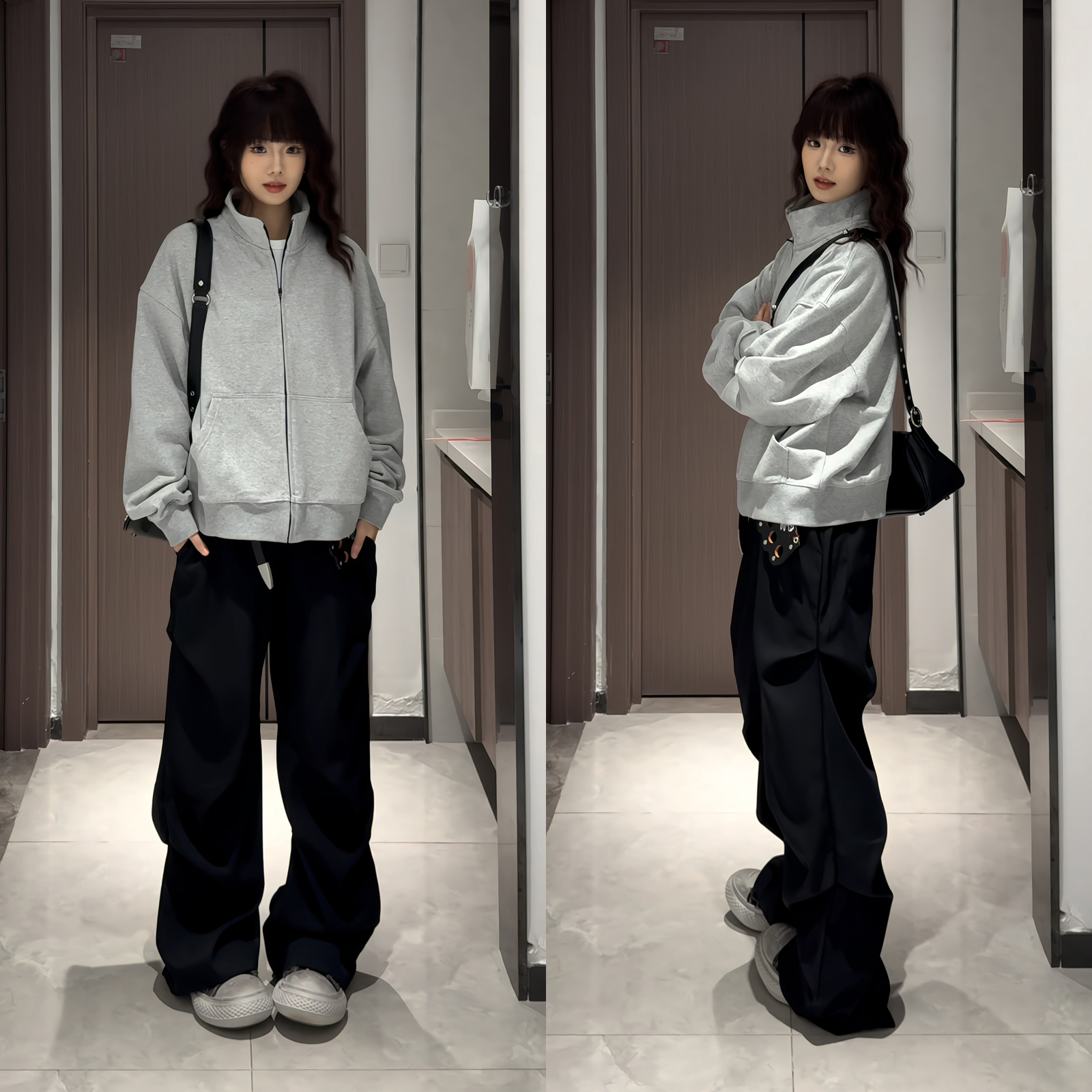 垂坠感阔腿褶皱西裤男秋季美式高街黑色西装裤潮牌宽松伞兵休闲裤