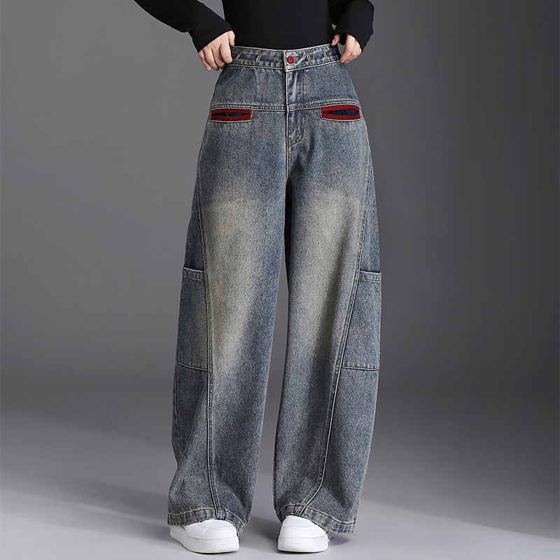 2025春秋新款时尚简约复古牛仔裤子女欧货显瘦宽松水洗做旧哈伦裤