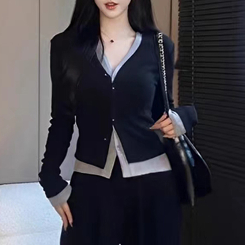 霖优长袖针织衫女2025春秋新款韩版设计感假两件V领休闲百搭上衣