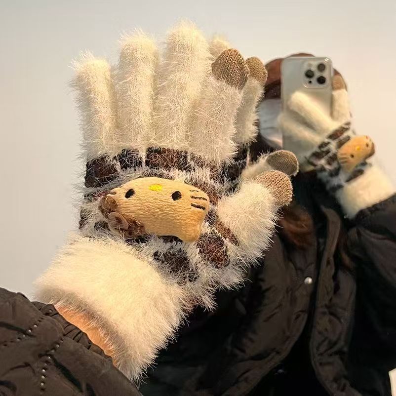 可爱豹纹kt猫咪毛绒美拉德系列手套冬天加绒加厚保暖骑车分指手套