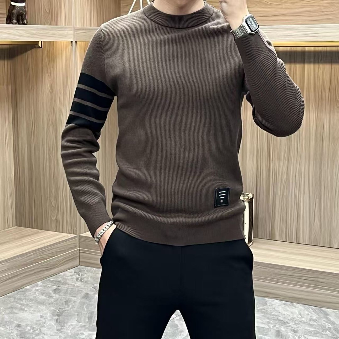 秋冬新款男士轻奢长袖针织衫休闲时尚圆领百搭修身潮流打底衫毛衣