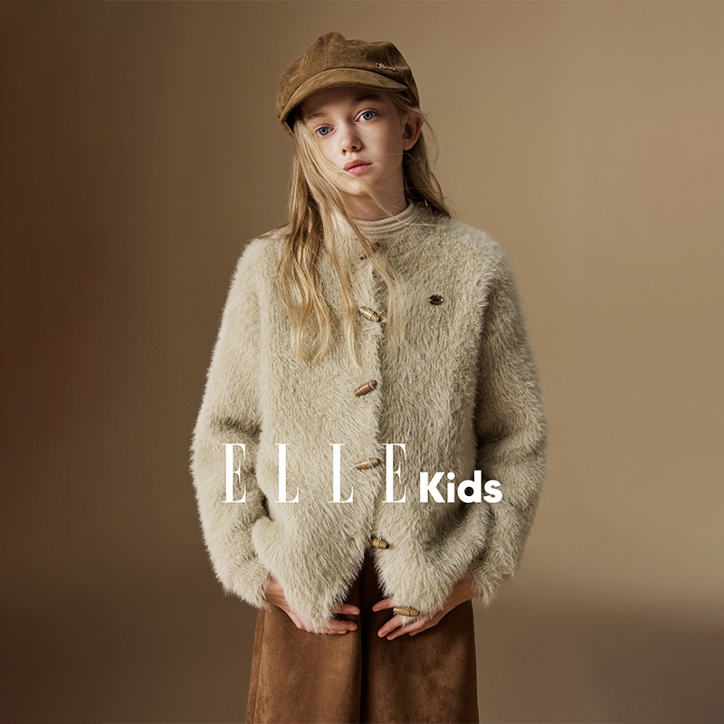 6568 ELLE KIDS仿水貂毛针织开衫女儿童冬季新学院风牛角扣外套D1