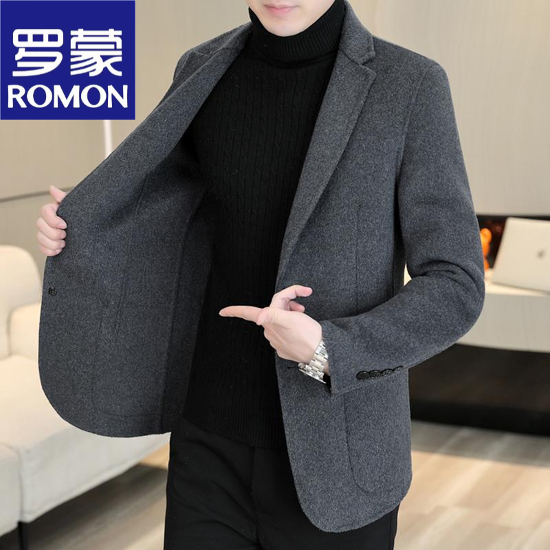 罗蒙【含羊毛】西服男装商务休闲双面呢外套时尚高端西装呢子大衣潮