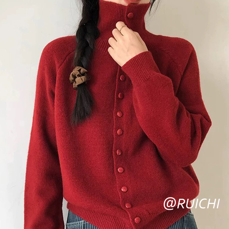 韩系秋冬2025新款高领插肩袖纯色基础高级感洋气针织开衫外套女