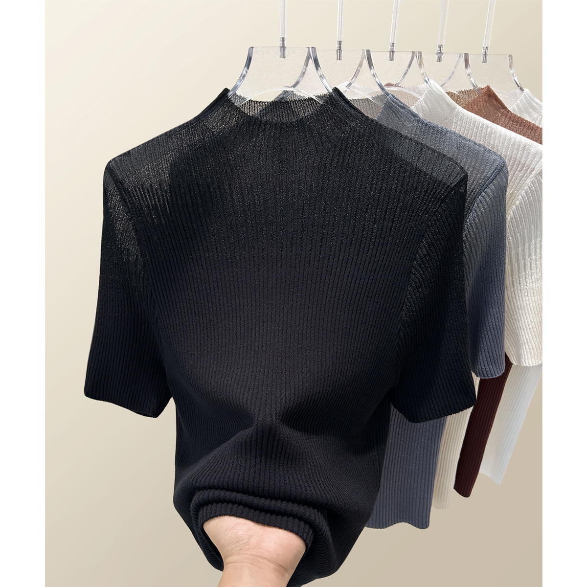 夏季半高领蕾丝网纱设计上衣女装2025年时尚莱赛尔修身短袖针织衫