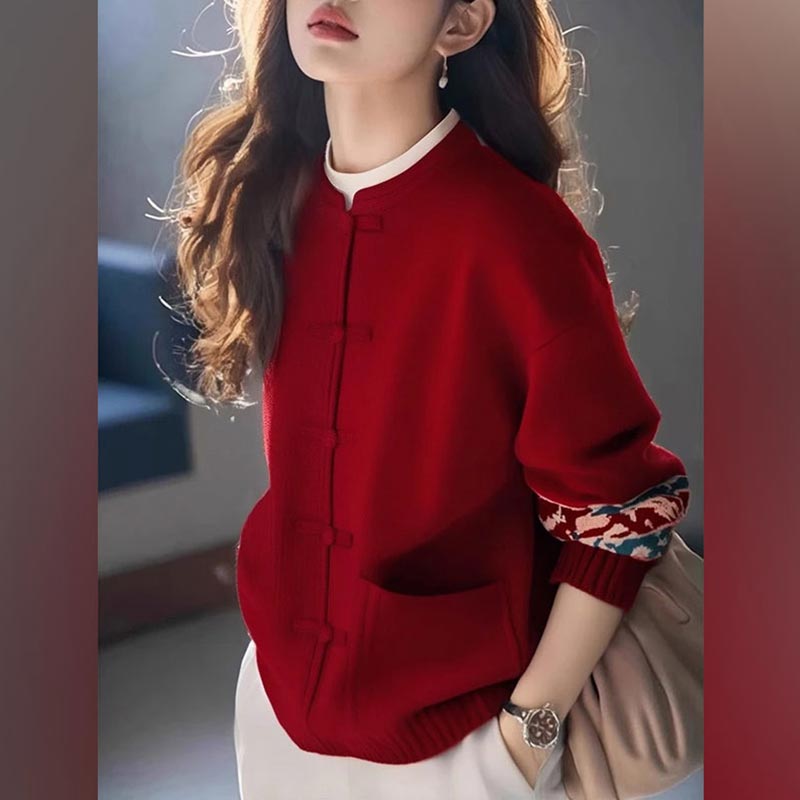 香朵儿国风复古盘扣红色针织衫女2025年春季新款新年战袍立领毛衣