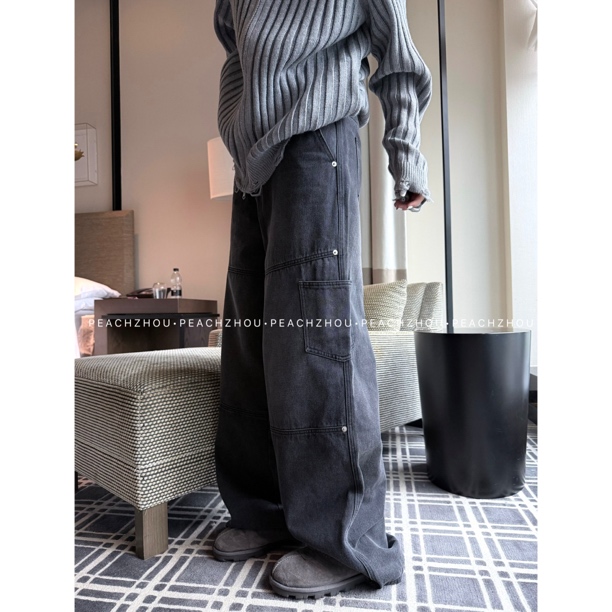 『PEACHZHOU』水洗做旧工装口袋宽松系扣牛仔裤美式复古休闲阔腿裤