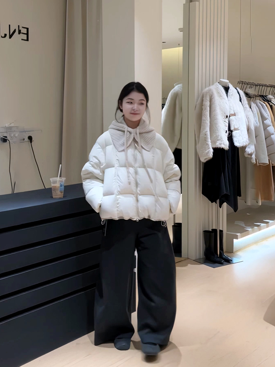 韩系配针织连帽披肩短款棉服女2025冬季新款小清新加厚保暖外套