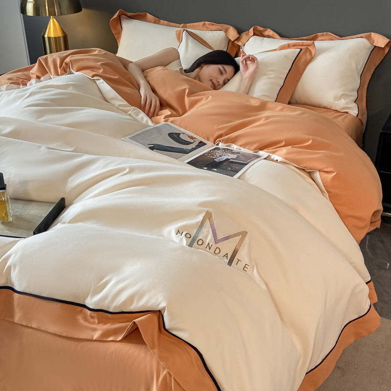 轻奢全棉磨毛刺绣四件套适合裸睡被套床单床笠床上用品纯棉被罩