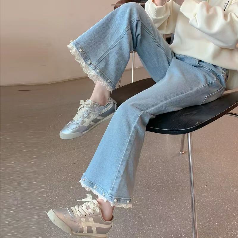 女童秋装牛仔裤2025新款儿童洋气女孩春秋裤子秋季珍珠蕾丝修身裤