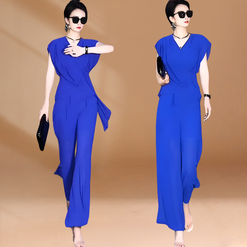 气质御姐范套装女2025年夏季修身显瘦漂亮小衫+宽松直筒裤两件套